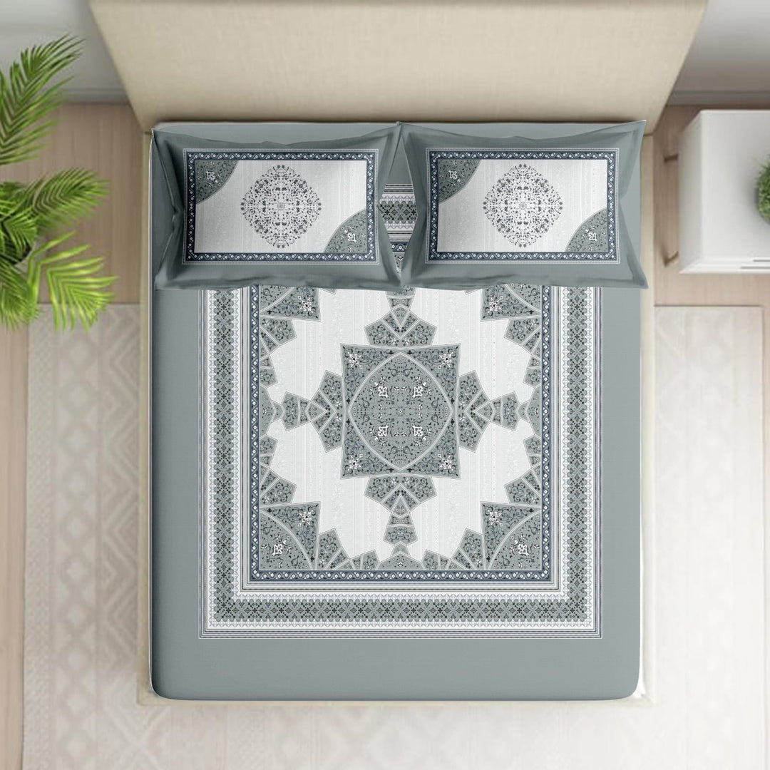 Shades of India Premium Slate Blue & Ivory Traditional Printed Pure Cotton King Size Bedsheet Set