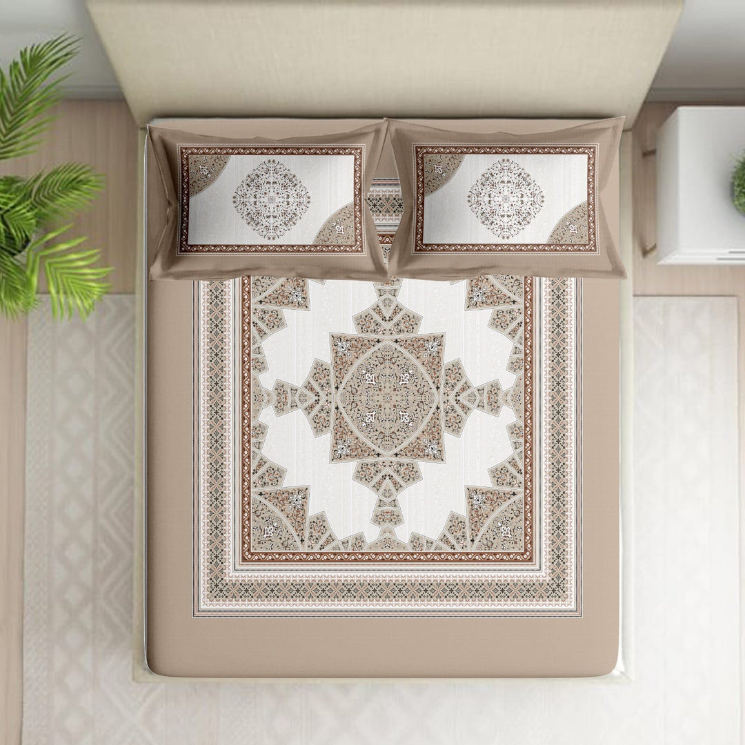 Shades of India Premium Taupe & Ivory Floral Printed Pure Cotton King Size Bedsheet Set