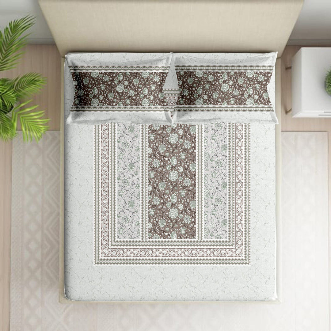 Shades of India Premium Brown & Ivory Floral Printed Pure Cotton King Size Bedsheet Set