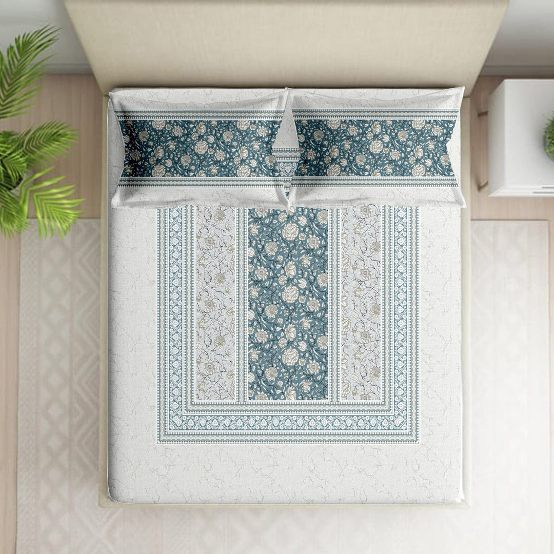 Shades of India Premium Teal Blue & Ivory Floral Printed Pure Cotton King Size Bedsheet Set