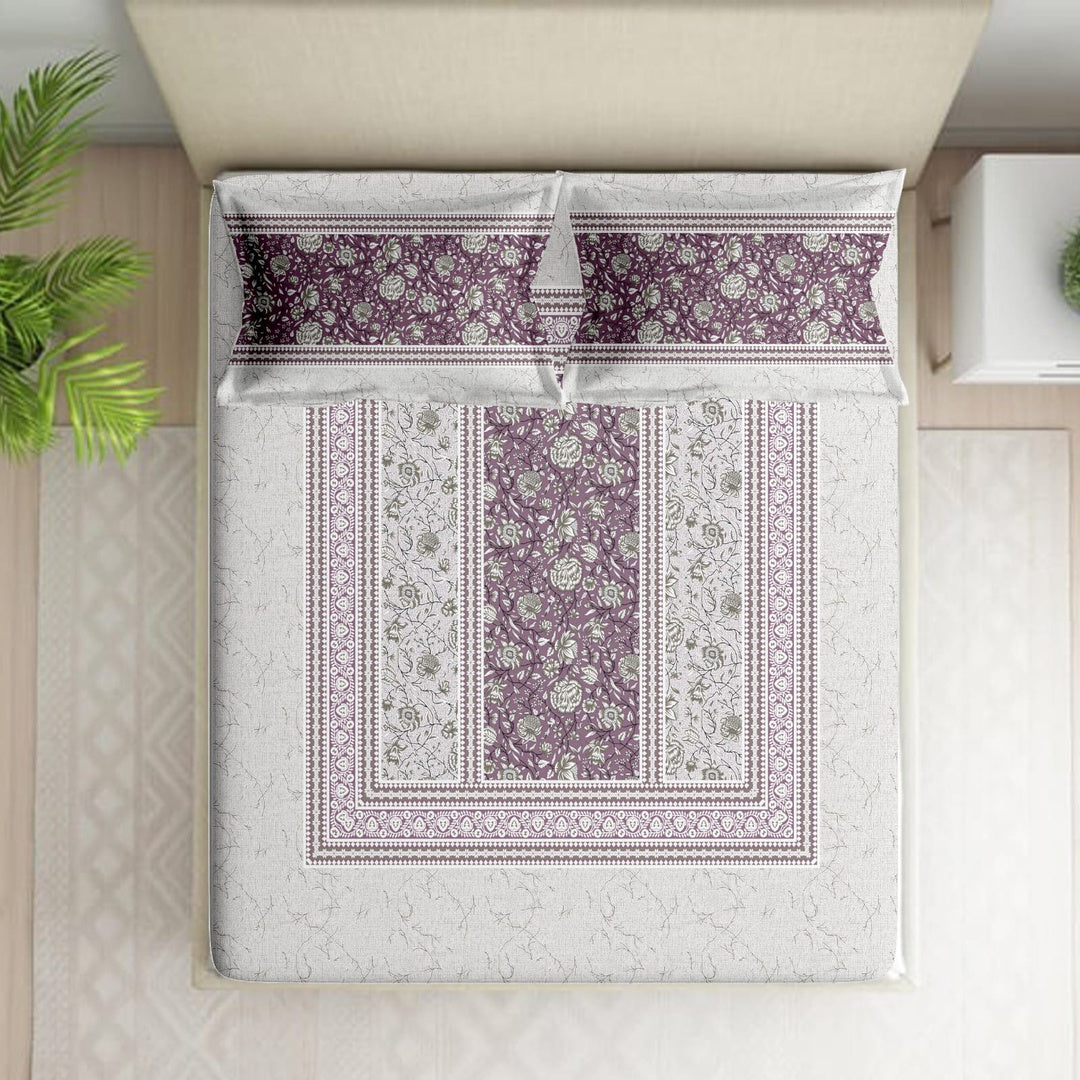 Shades of India Premium Mauve & Ivory Floral Printed Pure Cotton King Size Bedsheet Set