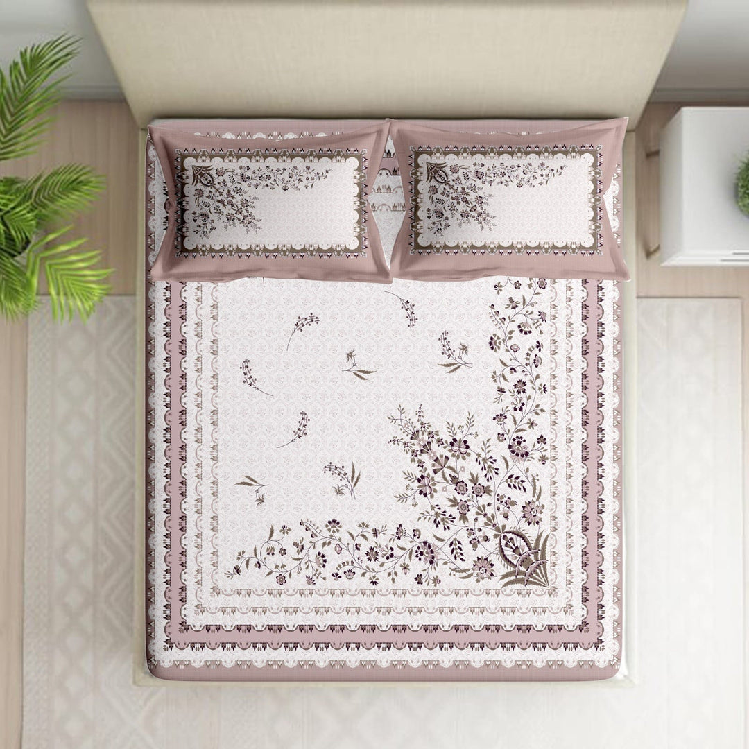Shades of India Premium Dusty Rose & Ivory Floral Printed Pure Cotton King Size Bedsheet Set