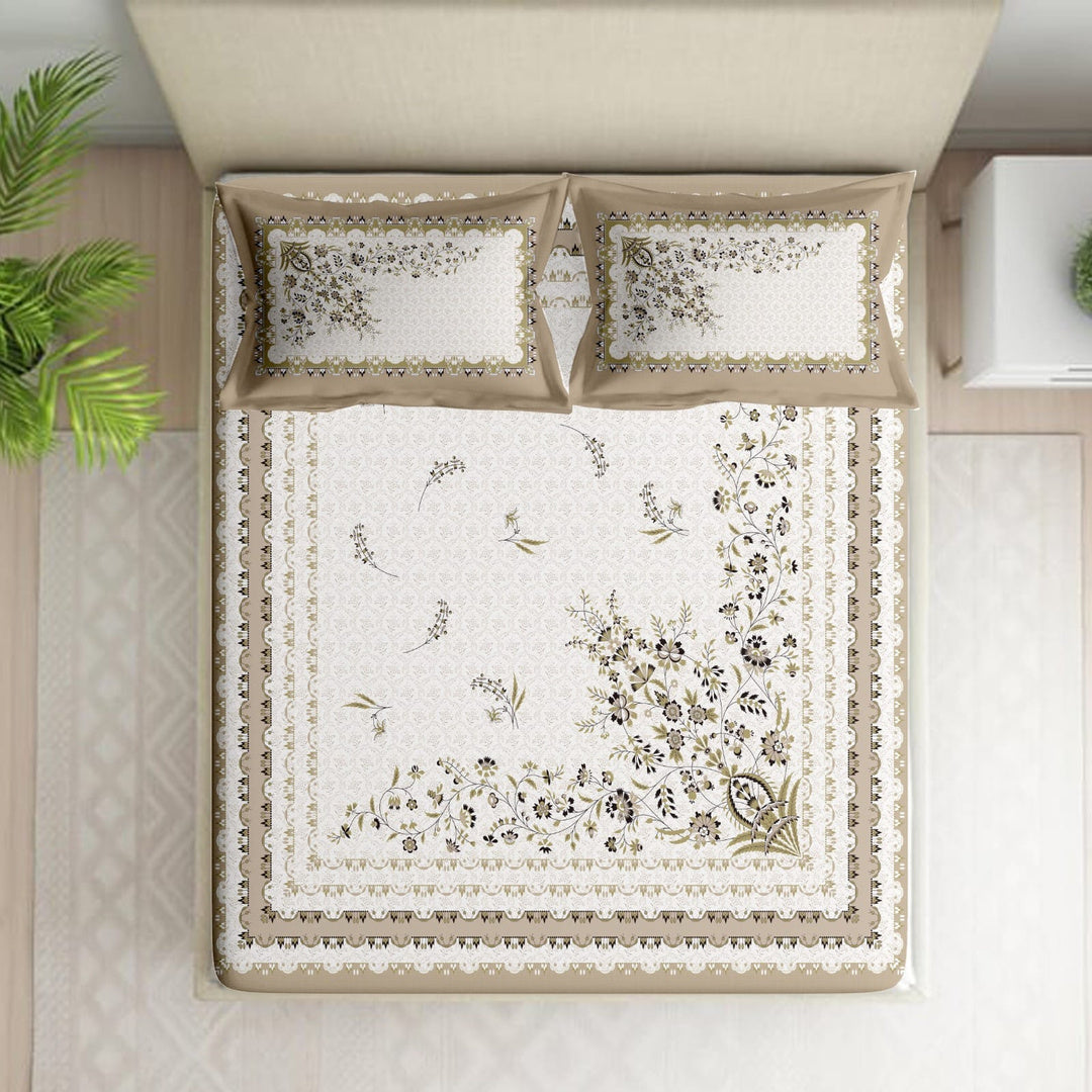Shades of India Premium Beige & Ivory Floral Printed Pure Cotton King Size Bedsheet Set