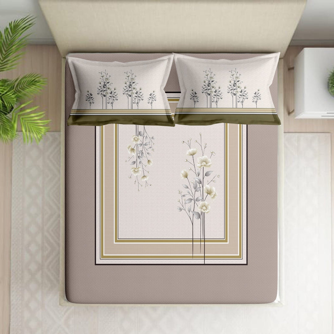 Shades of India Premium Taupe & Ivory Floral Printed Pure Cotton King Size Bedsheet Set