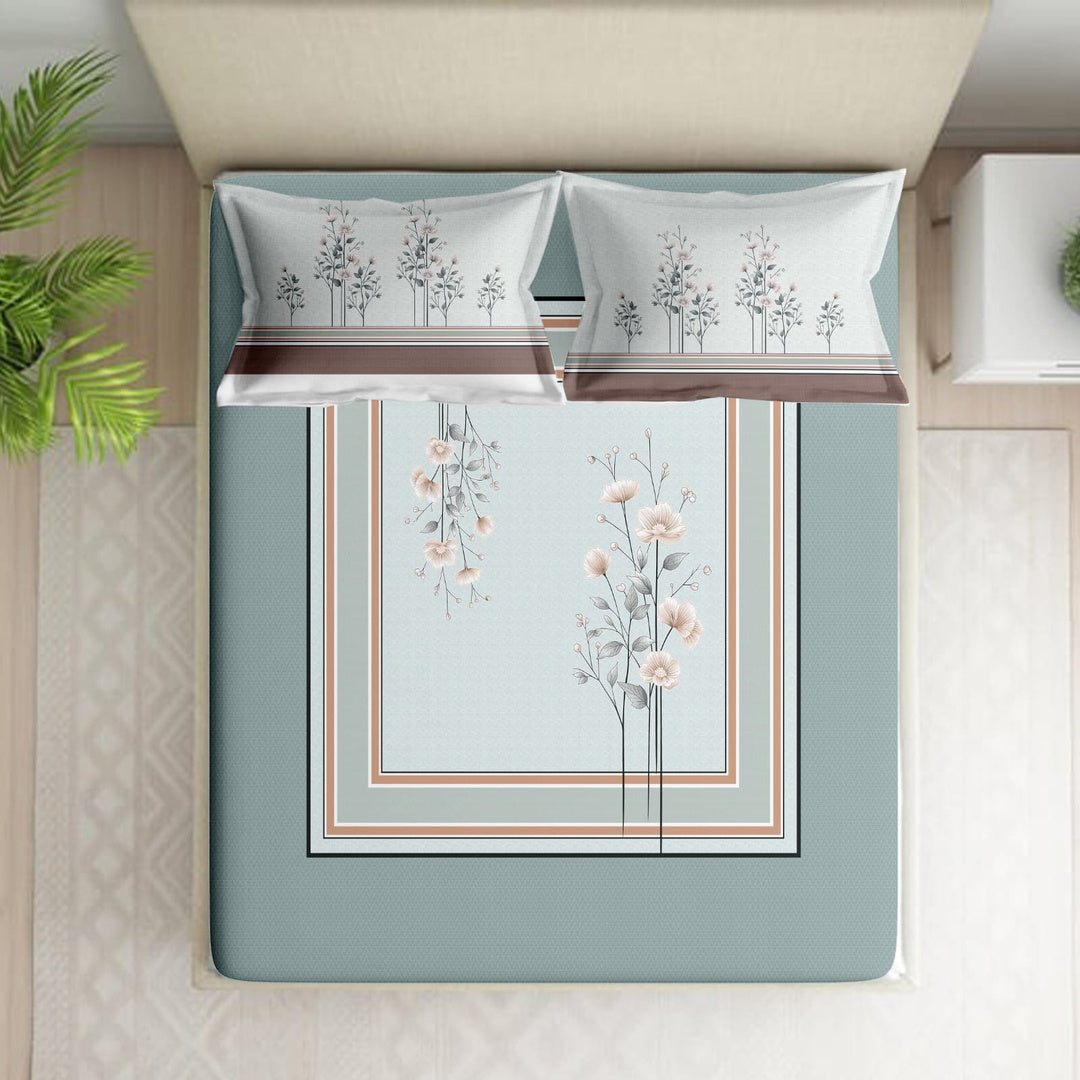 Shades of India Premium Sage Blue & Ivory Floral Printed Pure Cotton King Size Bedsheet Set