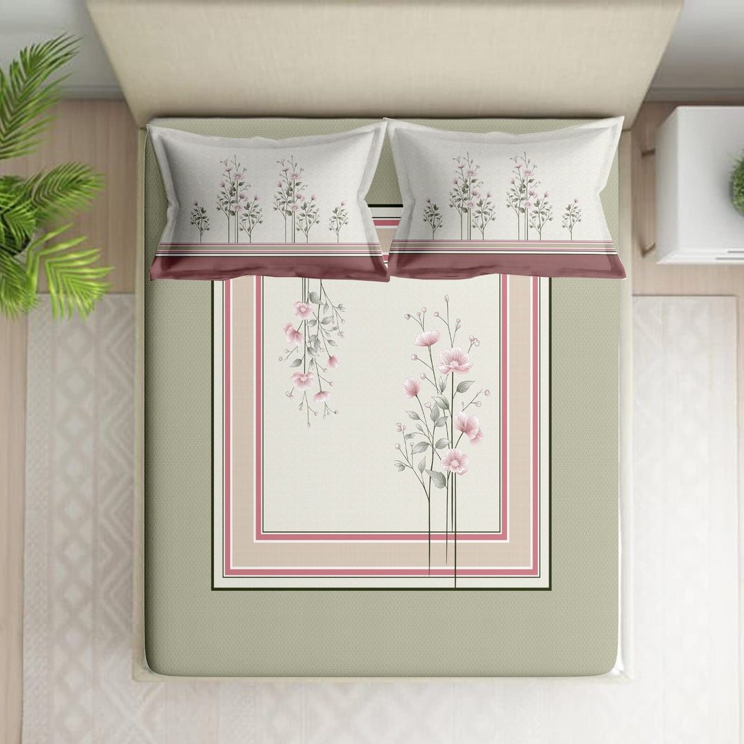 Shades of India Premium Sage Green & Ivory Floral Printed Pure Cotton King Size Bedsheet Set