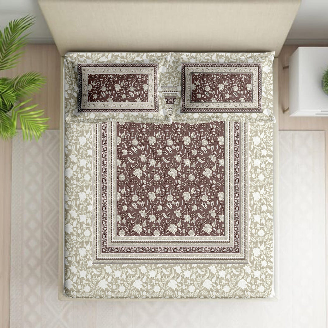 Shades of India Premium Olive Green & Mocha Brown Floral Printed Pure Cotton King Size Bedsheet Set