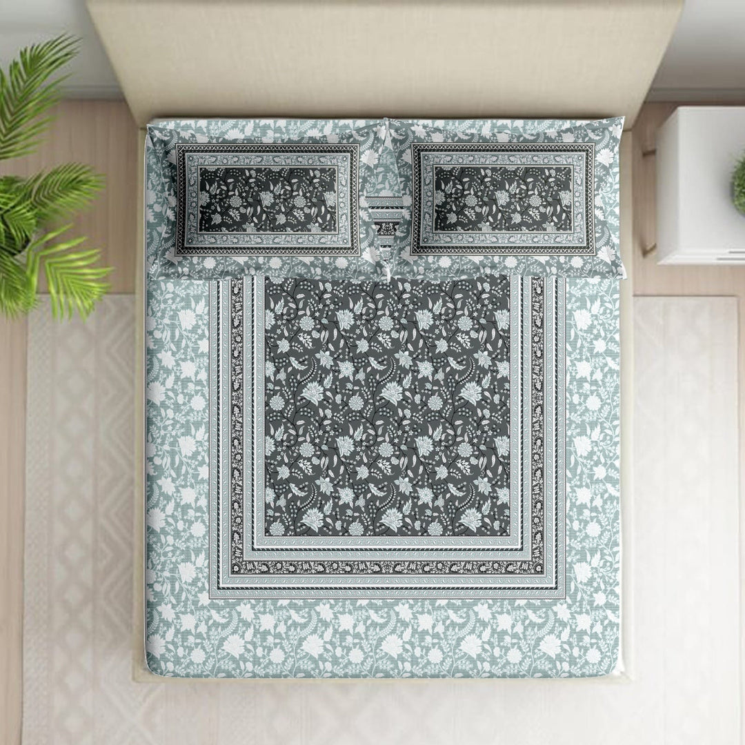 Shades of India Premium Sage Green & Charcoal Grey Floral Printed Pure Cotton King Size Bedsheet Set
