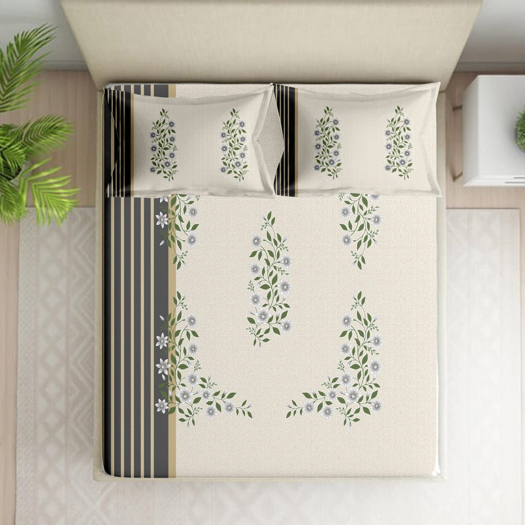 Shades of India Premium Charcoal Grey & Ivory Floral Printed Pure Cotton King Size Bedsheet Set