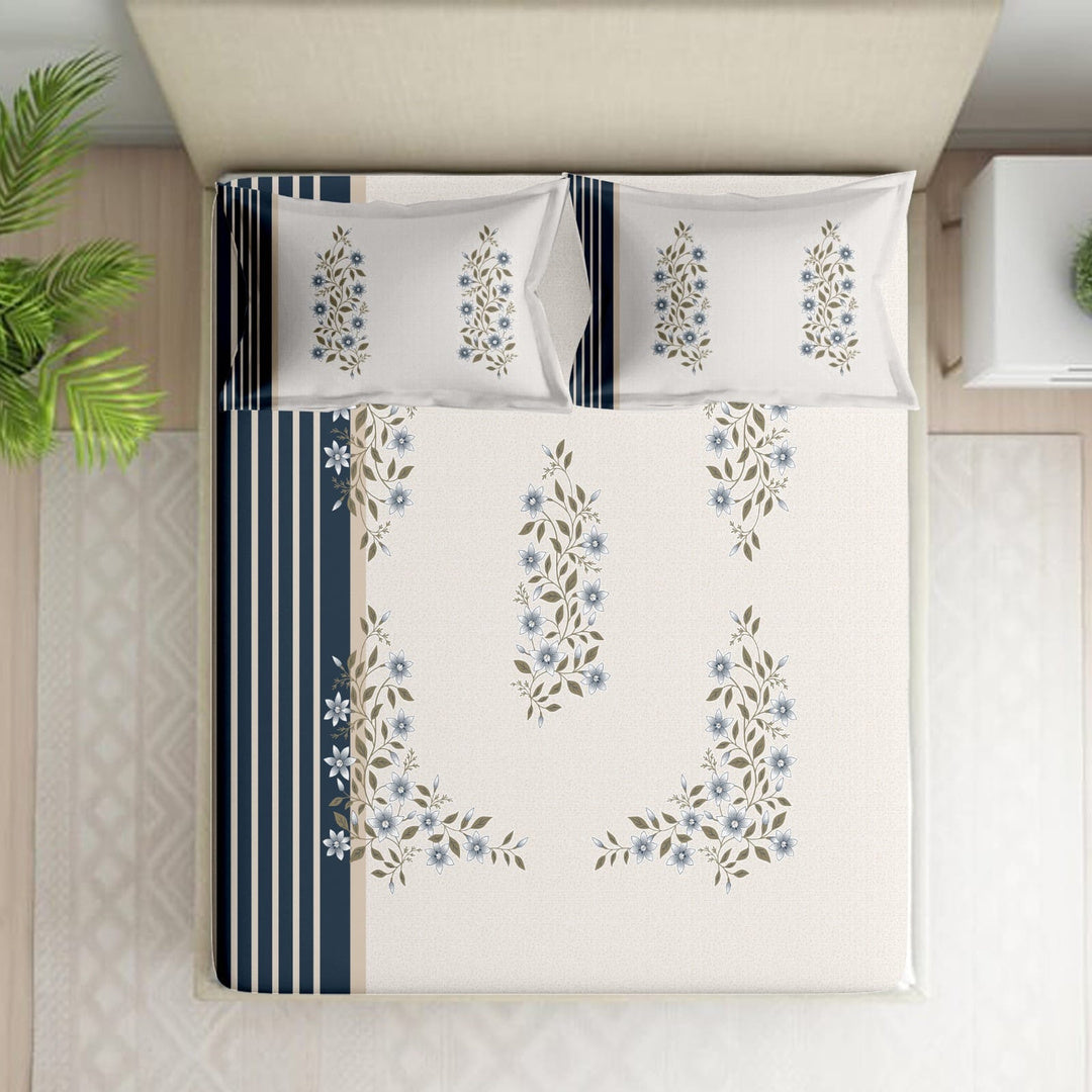 Shades of India Premium Navy Blue & Ivory Floral Printed Pure Cotton King Size Bedsheet Set