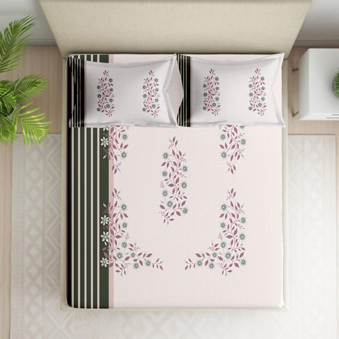 Shades of India Premium Olive Green & Blush Pink Floral Printed Pure Cotton King Size Bedsheet Set
