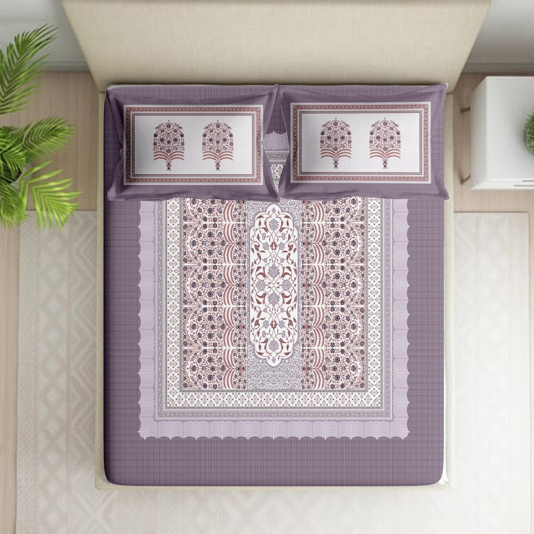 Shades of India Premium Lavender & Ivory Traditional Floral Printed Pure Cotton King Size Bedsheet Set