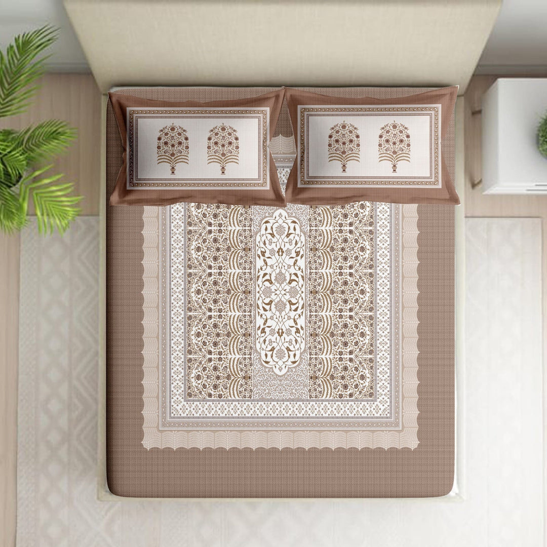 Shades of India Premium Mocha Brown & Ivory Traditional Floral Printed Pure Cotton King Size Bedsheet Set