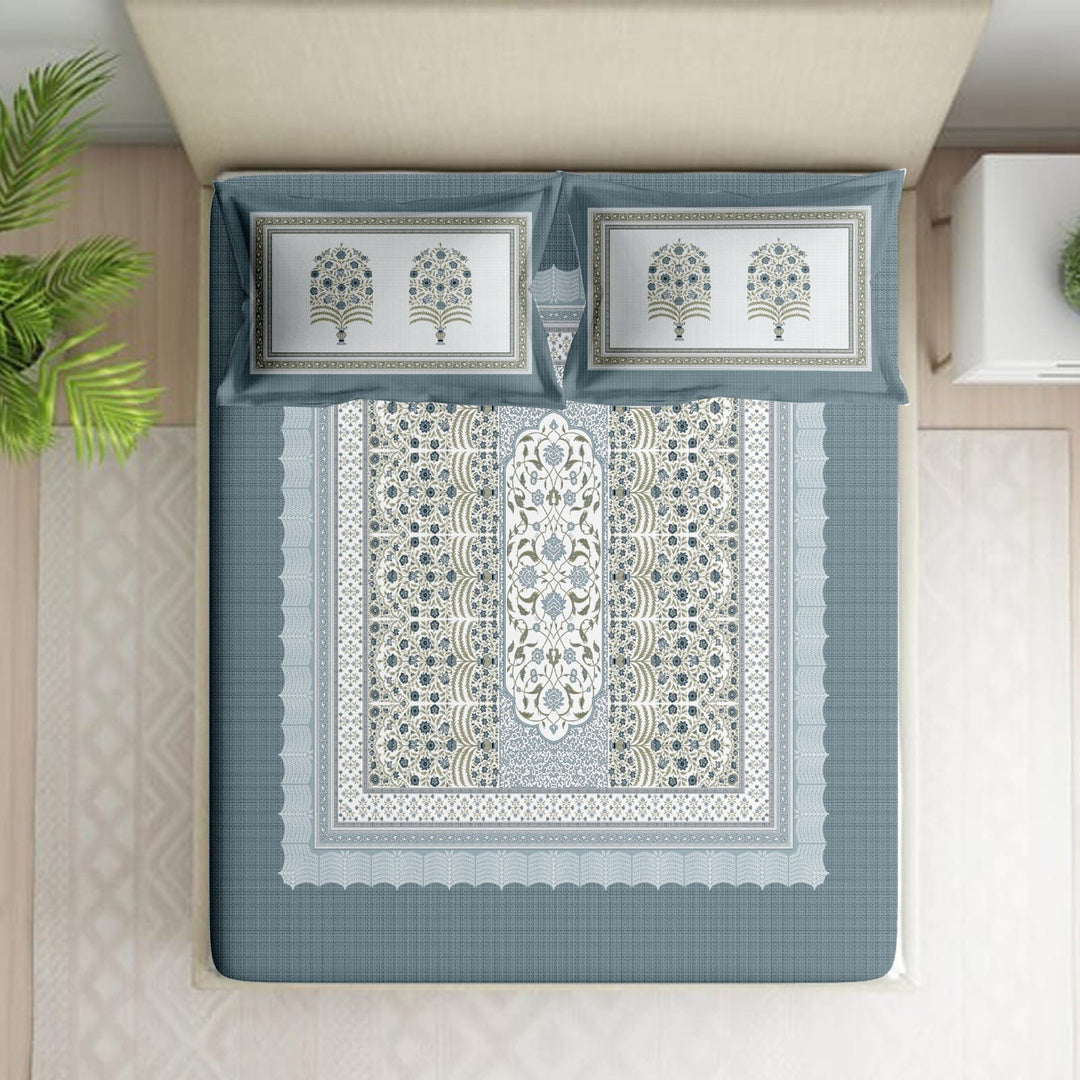 Shades of India Premium Slate Blue & Ivory Traditional Floral Printed Pure Cotton King Size Bedsheet Set
