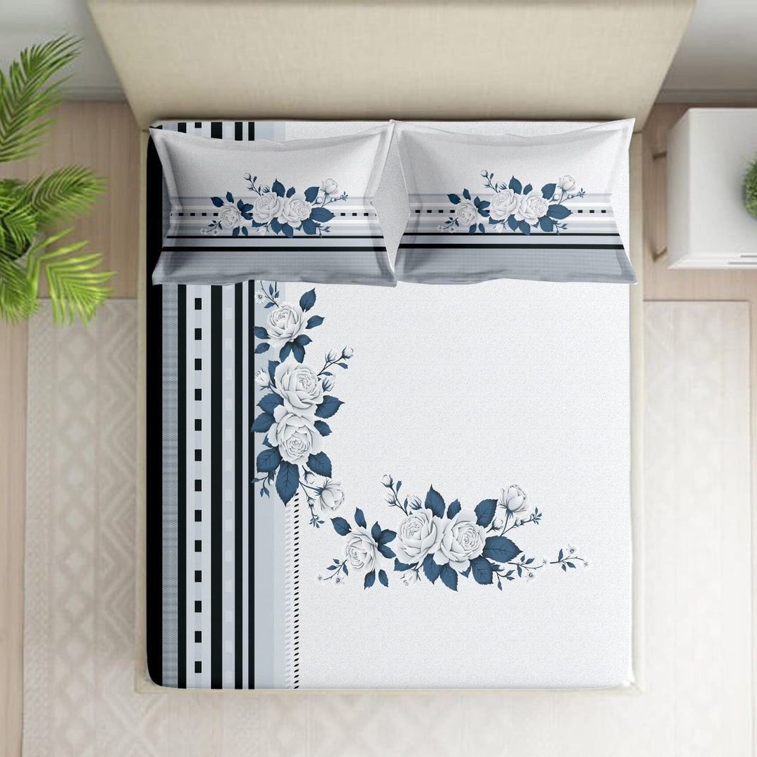 Shades of India Premium Navy Blue & Ivory Floral Printed Pure Cotton King Size Bedsheet Set