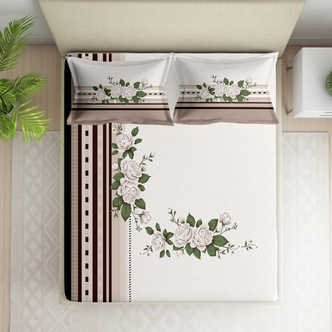 Shades of India Premium Olive Green & Ivory Floral Printed Pure Cotton King Size Bedsheet Set