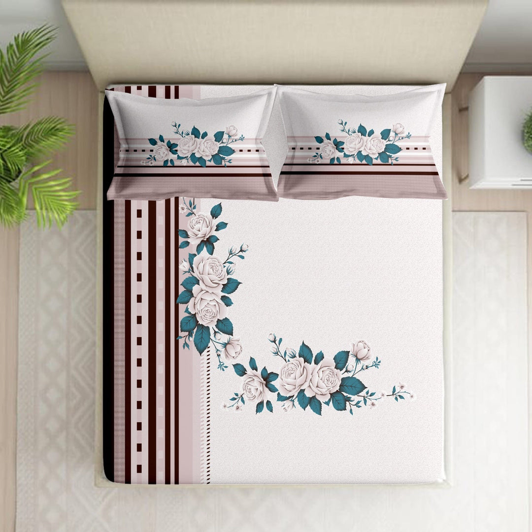 Shades of India Premium Dusty Rose & Ivory Floral Printed Pure Cotton King Size Bedsheet Set