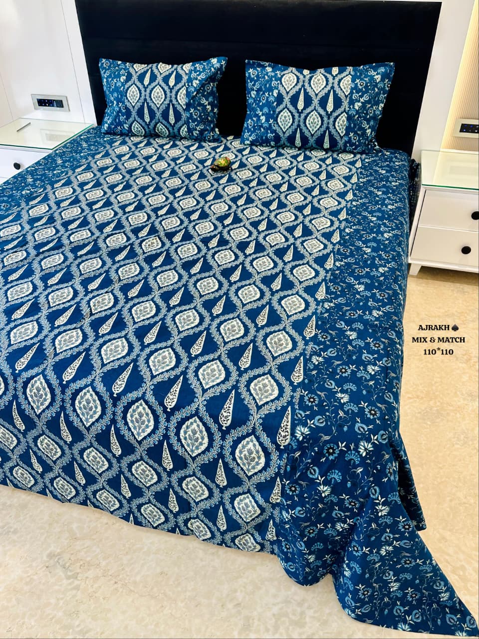 Ajrak Royal Navy Blue & Ivory Floral Heritage Printed King Size Bedsheet