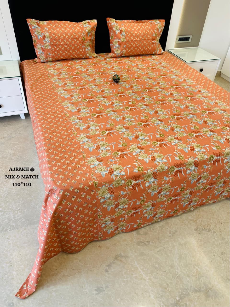 Ajrak Royal Peach & Ivory Floral Heritage Printed King Size Bedsheet