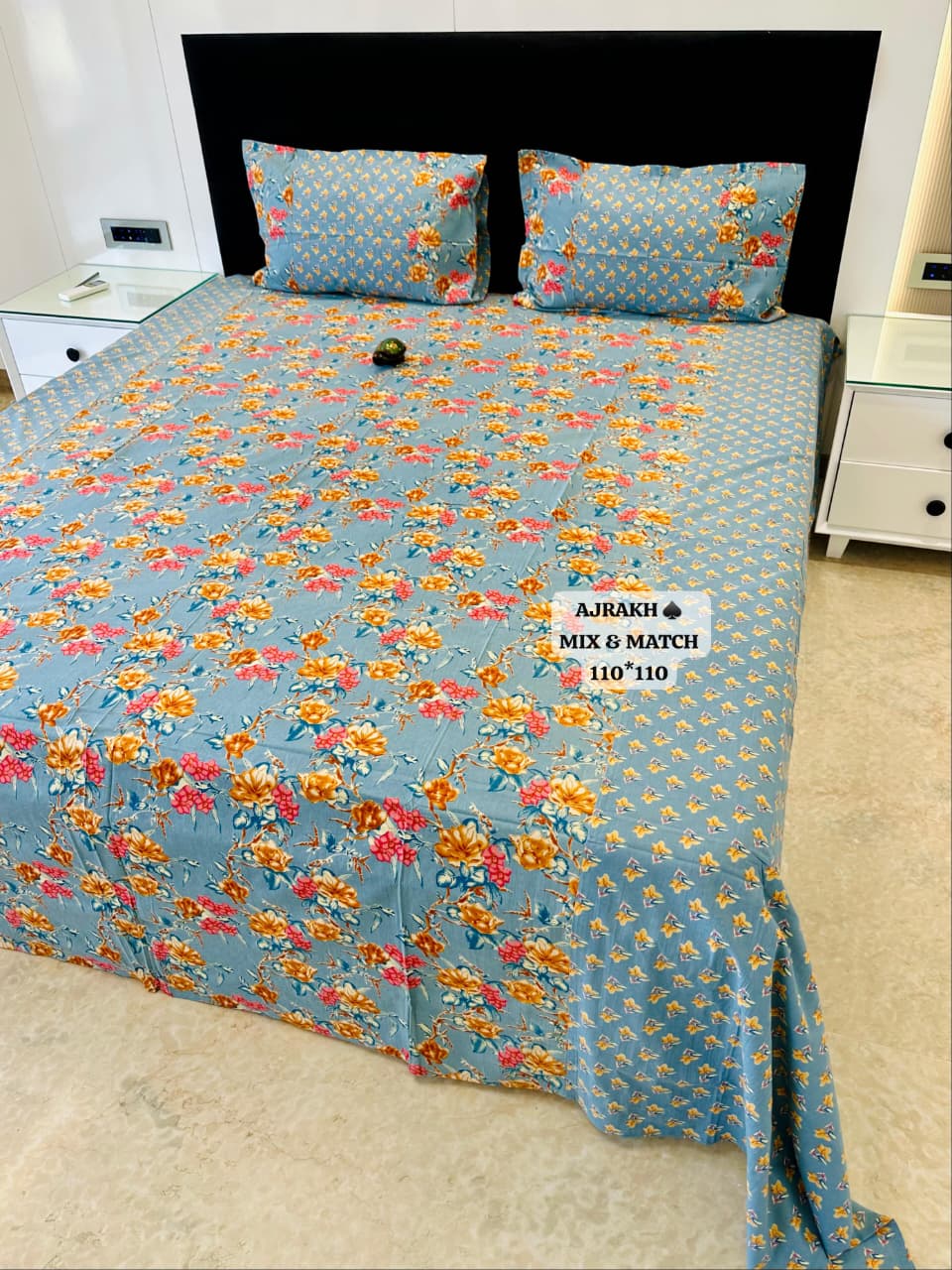 Ajrak Royal Sky Blue & Coral Floral Heritage Printed King Size Bedsheet