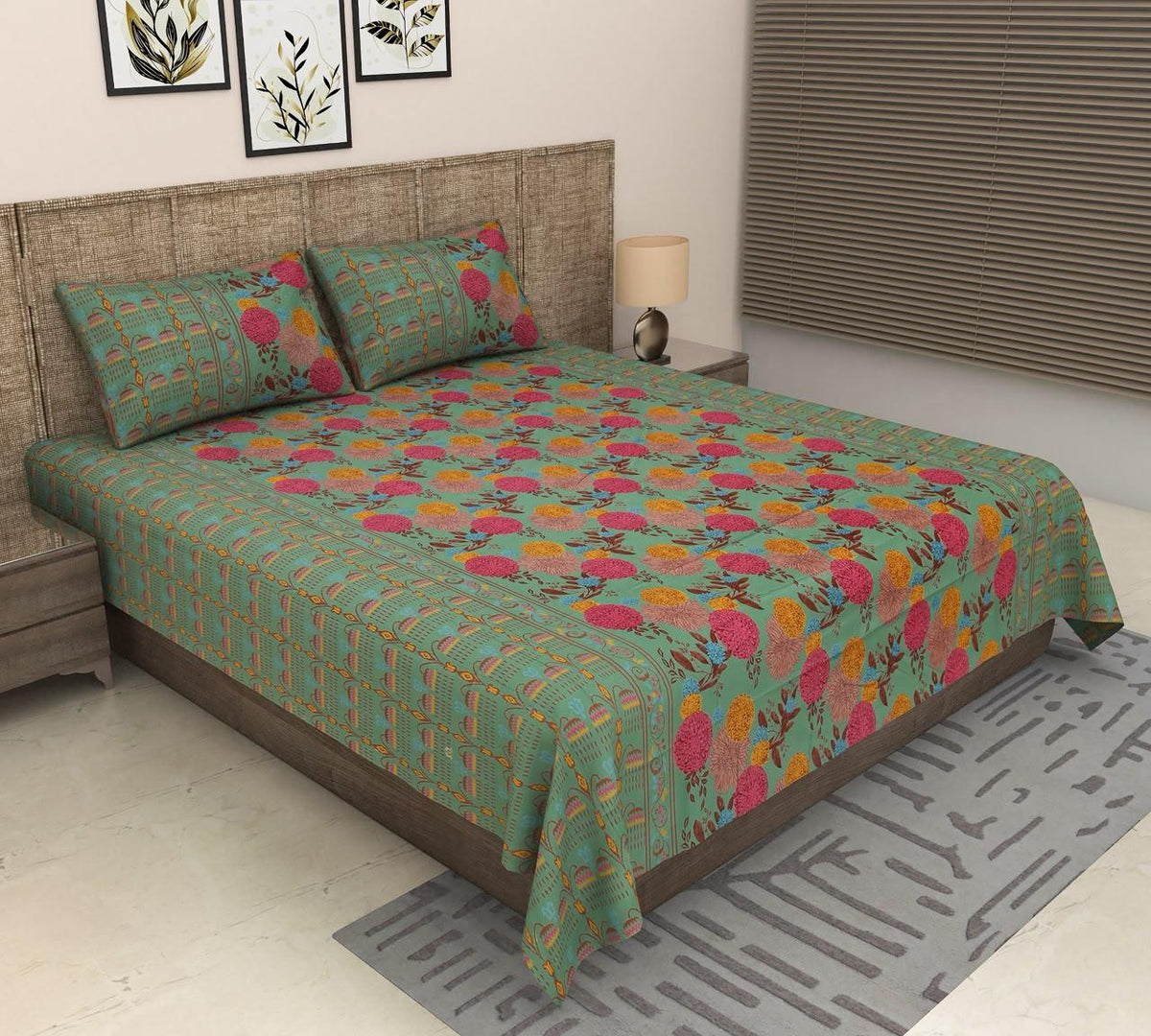 Sitara Premium Sea Green & Multicolor Floral Printed Pure Cotton King-Size Bedsheet Set