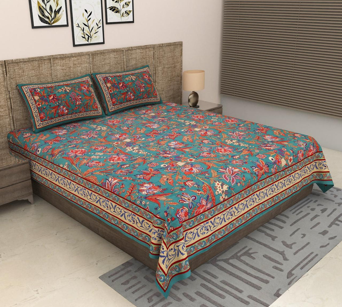 Sitara Premium Turquoise & Multicolor Floral Printed Pure Cotton King-Size Bedsheet Set