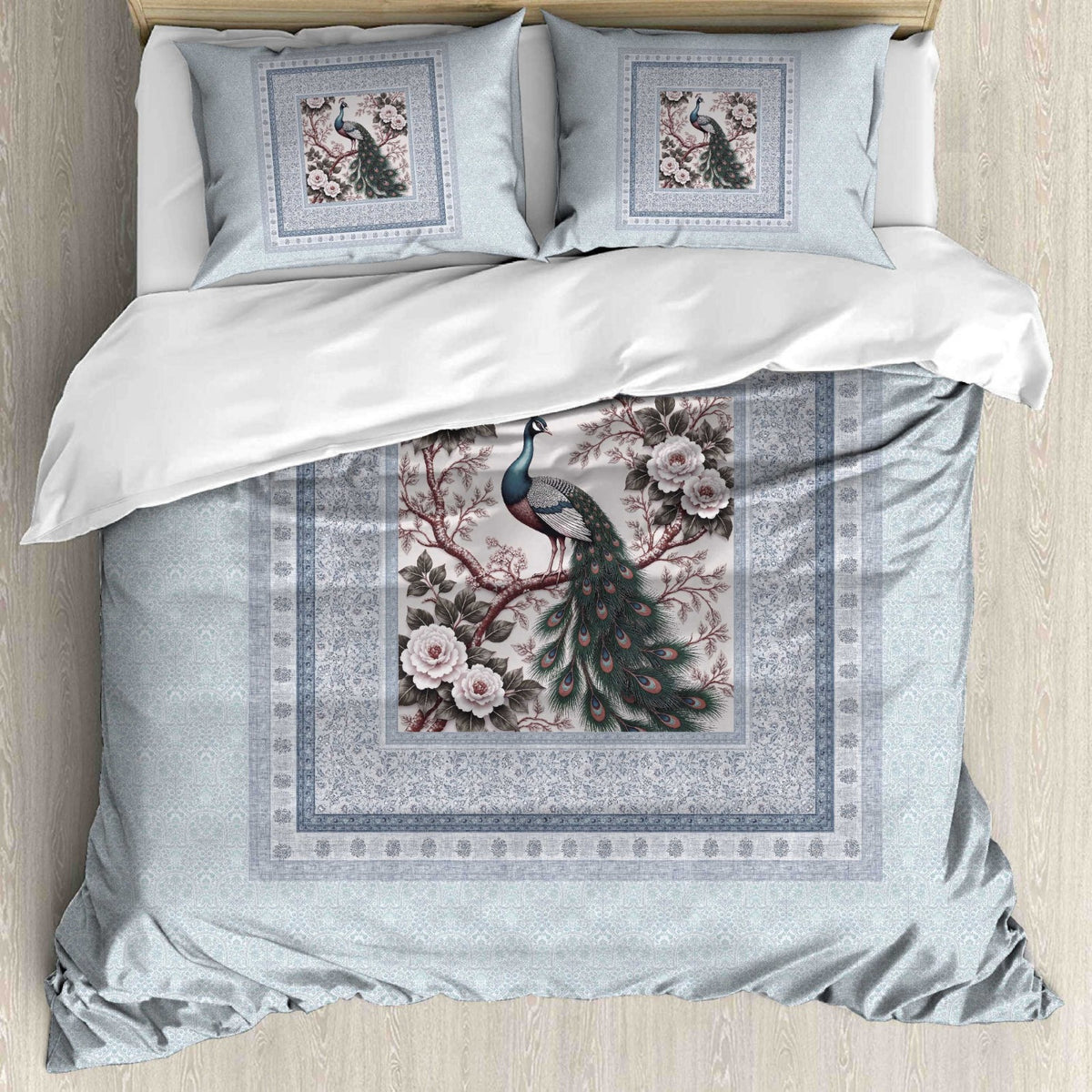 Digital Raga Premium Sky Blue & Peacock Floral Printed King-Size (400 TC) Pure Cotton Bedsheet