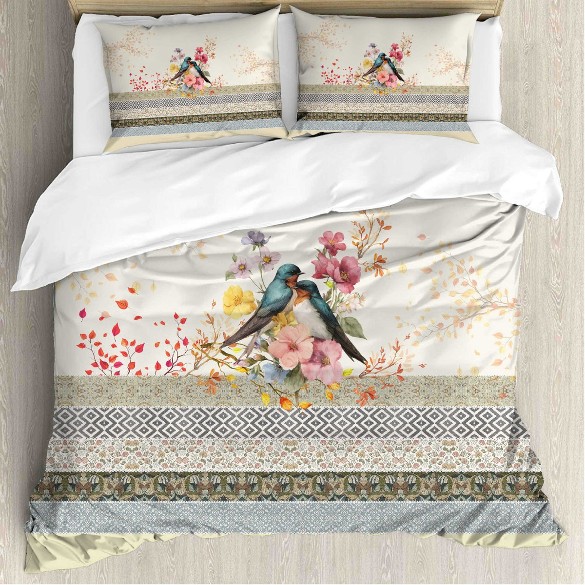 Digital Raga Premium Cream & Multicolor Floral Bird Printed King-Size (400 TC) Pure Cotton Bedsheet