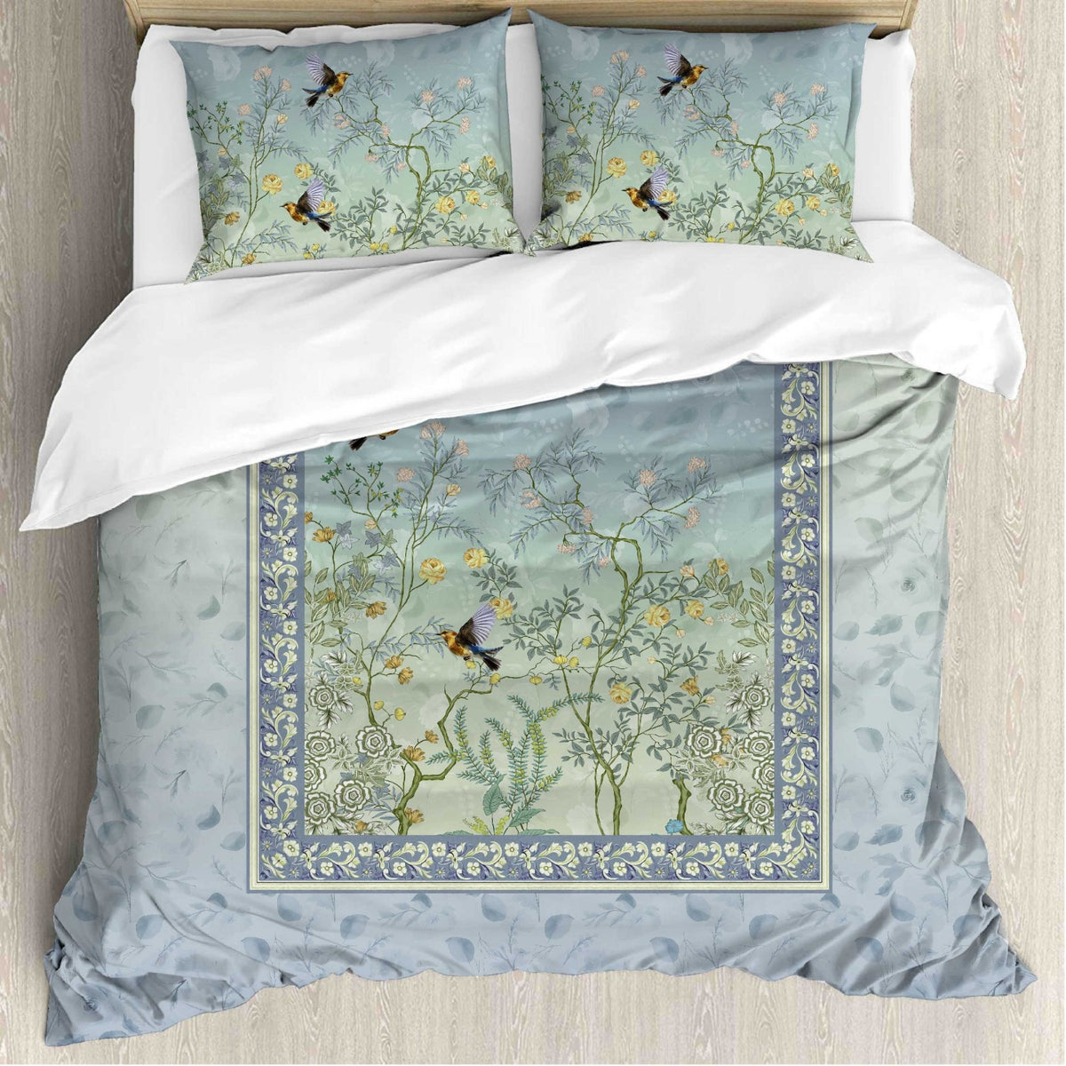 Digital Raga Premium Sage Green & Sky Blue Floral Bird Printed King-Size (400 TC) Pure Cotton Bedsheet