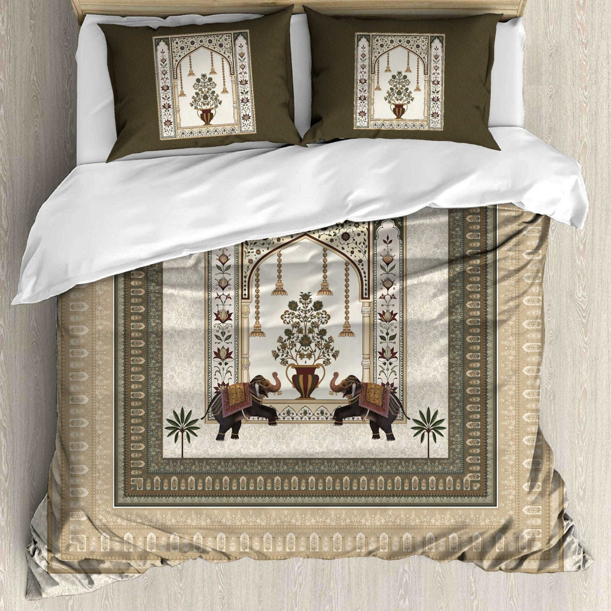 Digital Raga Beige & Olive Green Elephant Printed King-Size (400 TC) Bedsheet