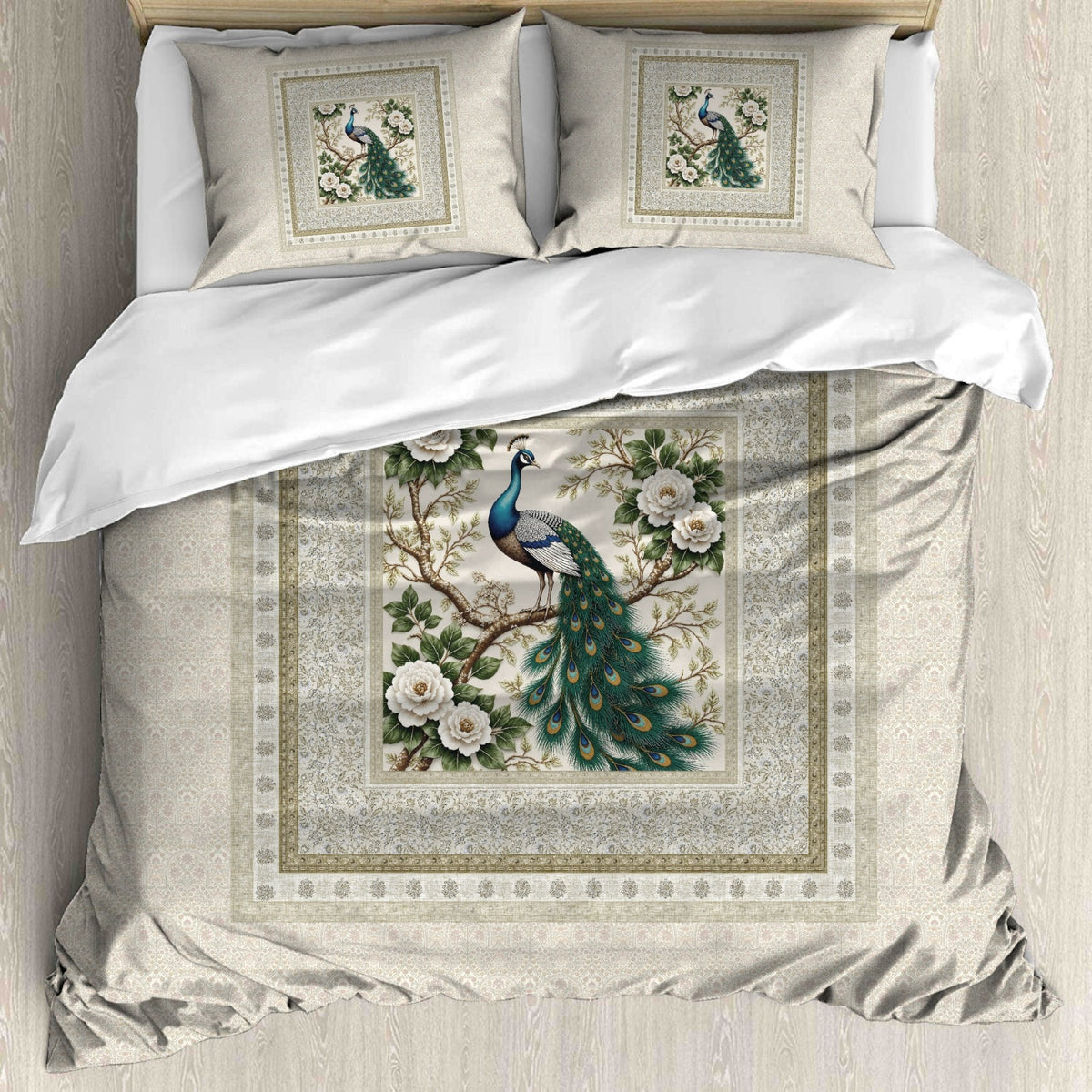 Digital Raga Premium Beige & Peacock Floral Printed King-Size (400 TC) Pure Cotton Bedsheet