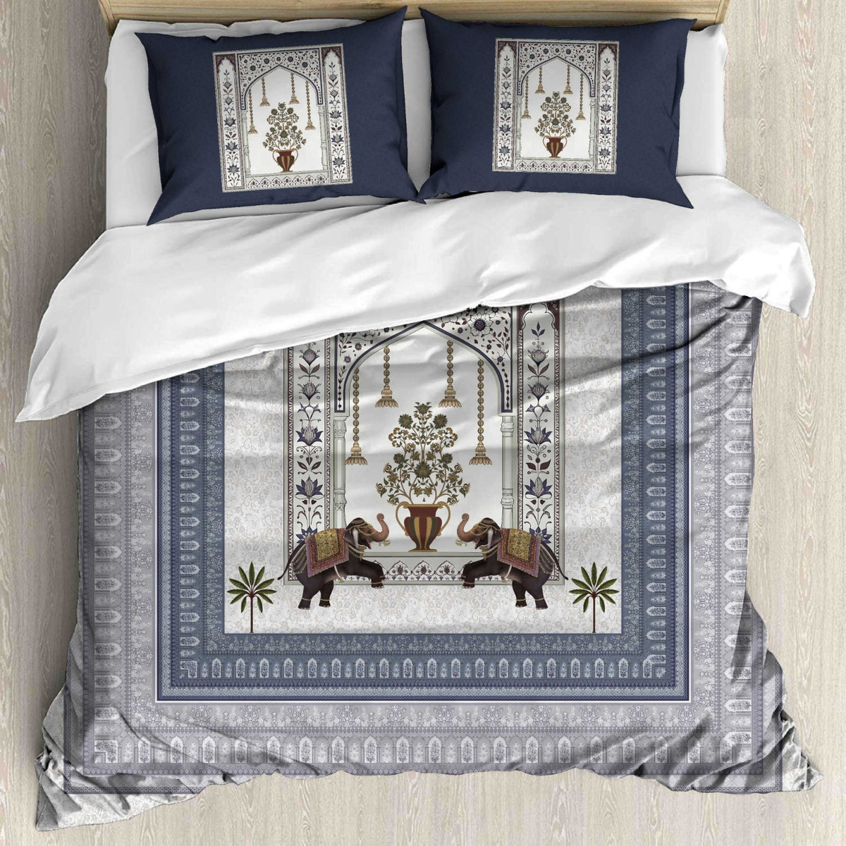 Digital Raga Premium Navy Blue & Grey Elephant Printed King-Size (400 TC) Pure Cotton Bedsheet
