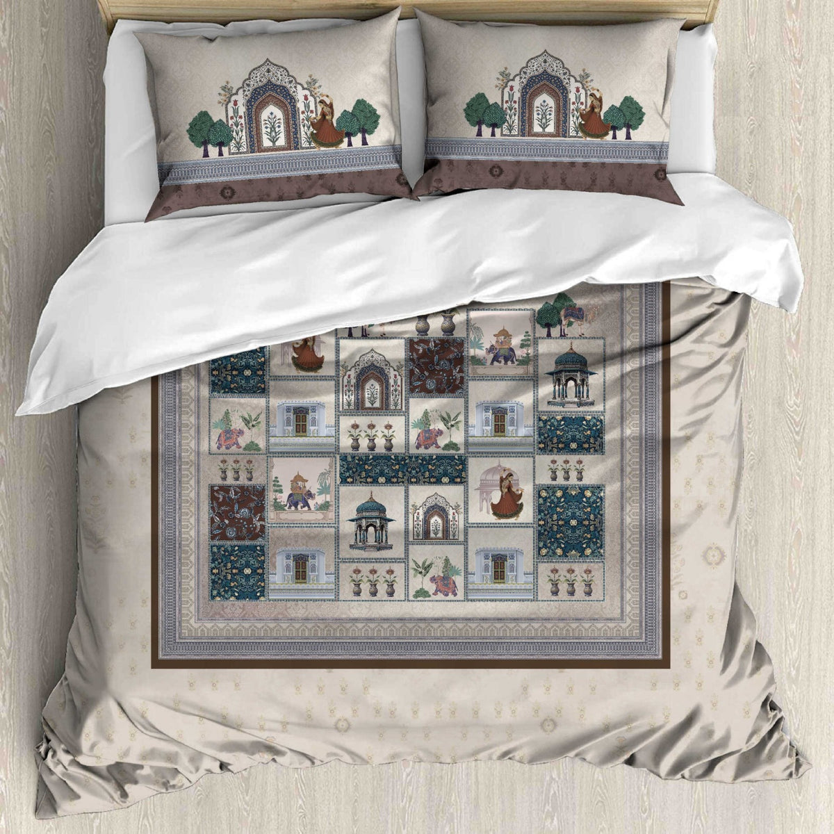 Digital Raga Premium Beige & Brown Royal Heritage Printed King-Size (400 TC) Pure Cotton Bedsheet