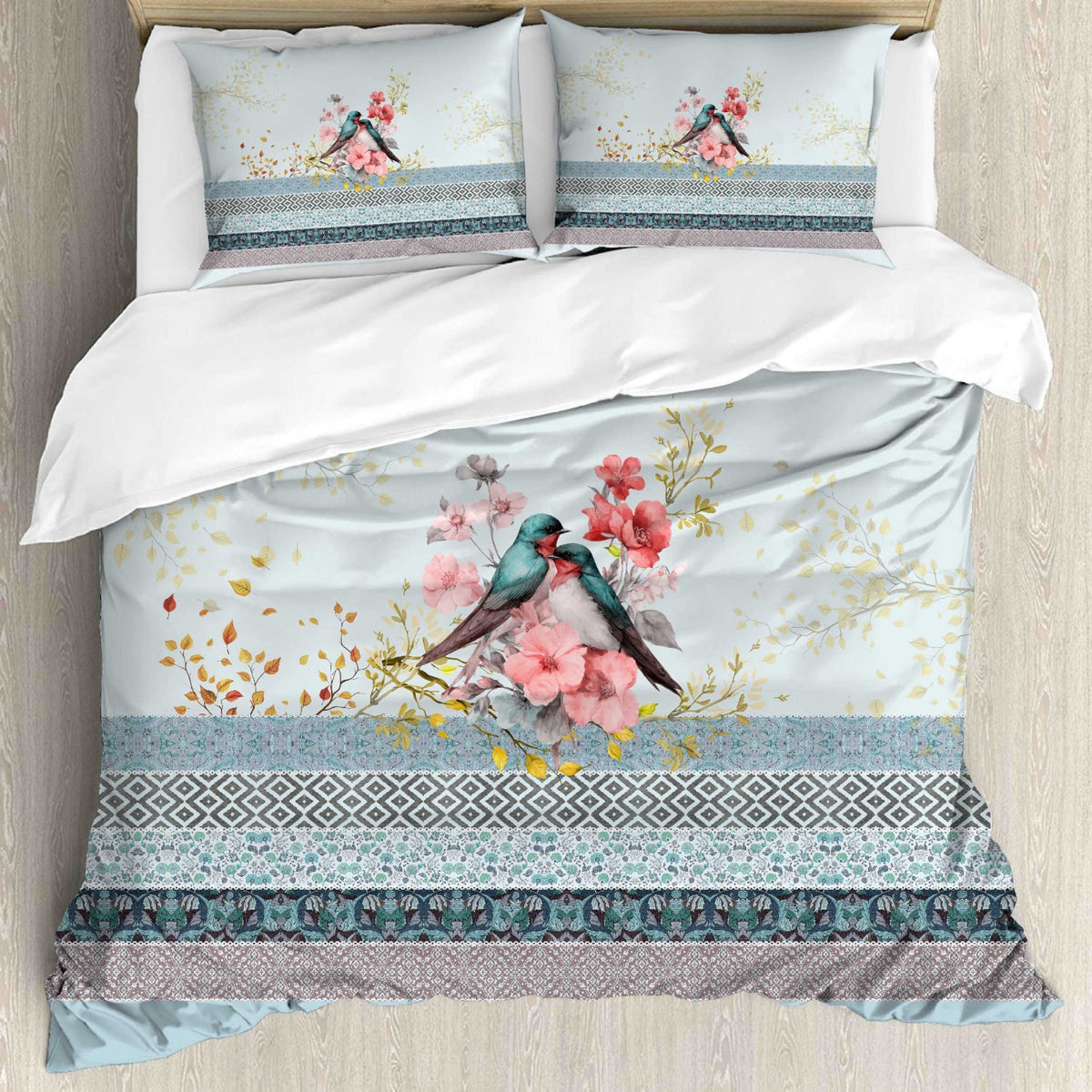 Digital Raga Premium Sky Blue & Floral Bird Printed King-Size (400 TC) Pure Cotton Bedsheet