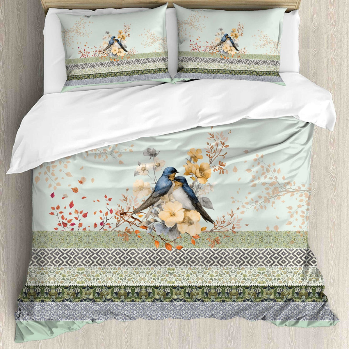 Digital Raga Premium Mint Green & Yellow Floral Bird Printed King-Size (400 TC) Pure Cotton Bedsheet