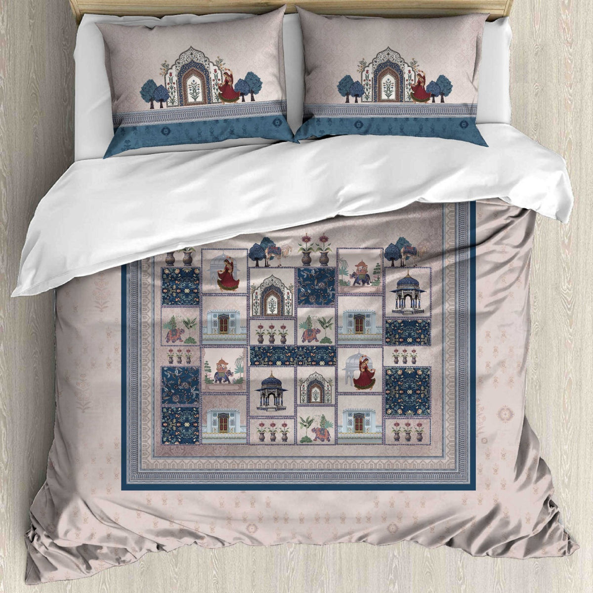 Digital Raga Premium Beige & Navy Blue Royal Heritage Printed King-Size (400 TC) Pure Cotton Bedsheet