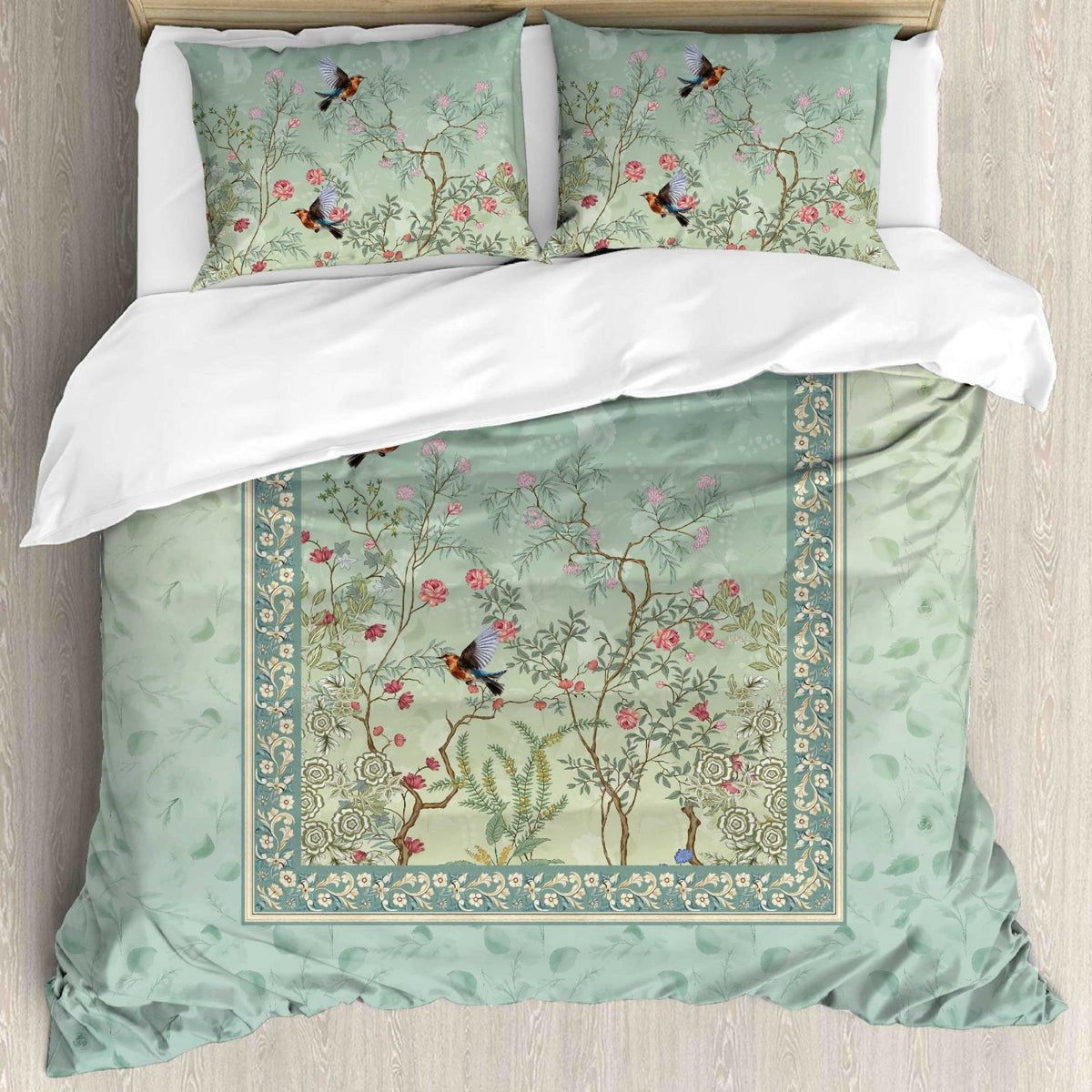 Digital Raga Premium Mint Green & Floral Bird Printed King-Size (400 TC) Pure Cotton Bedsheet