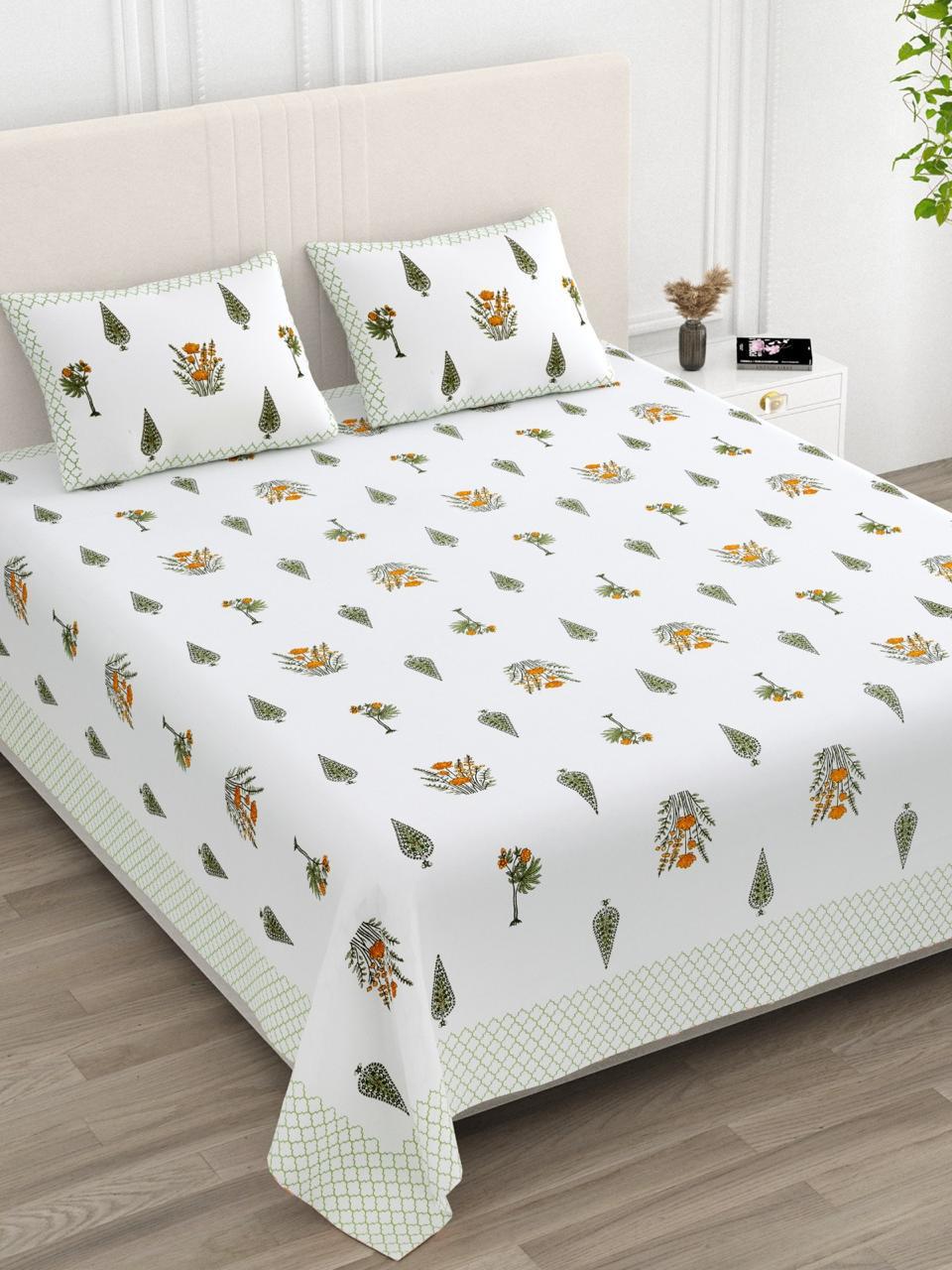 Anarkali Handblock Printed Pure Cotton King Size Bedsheet Set