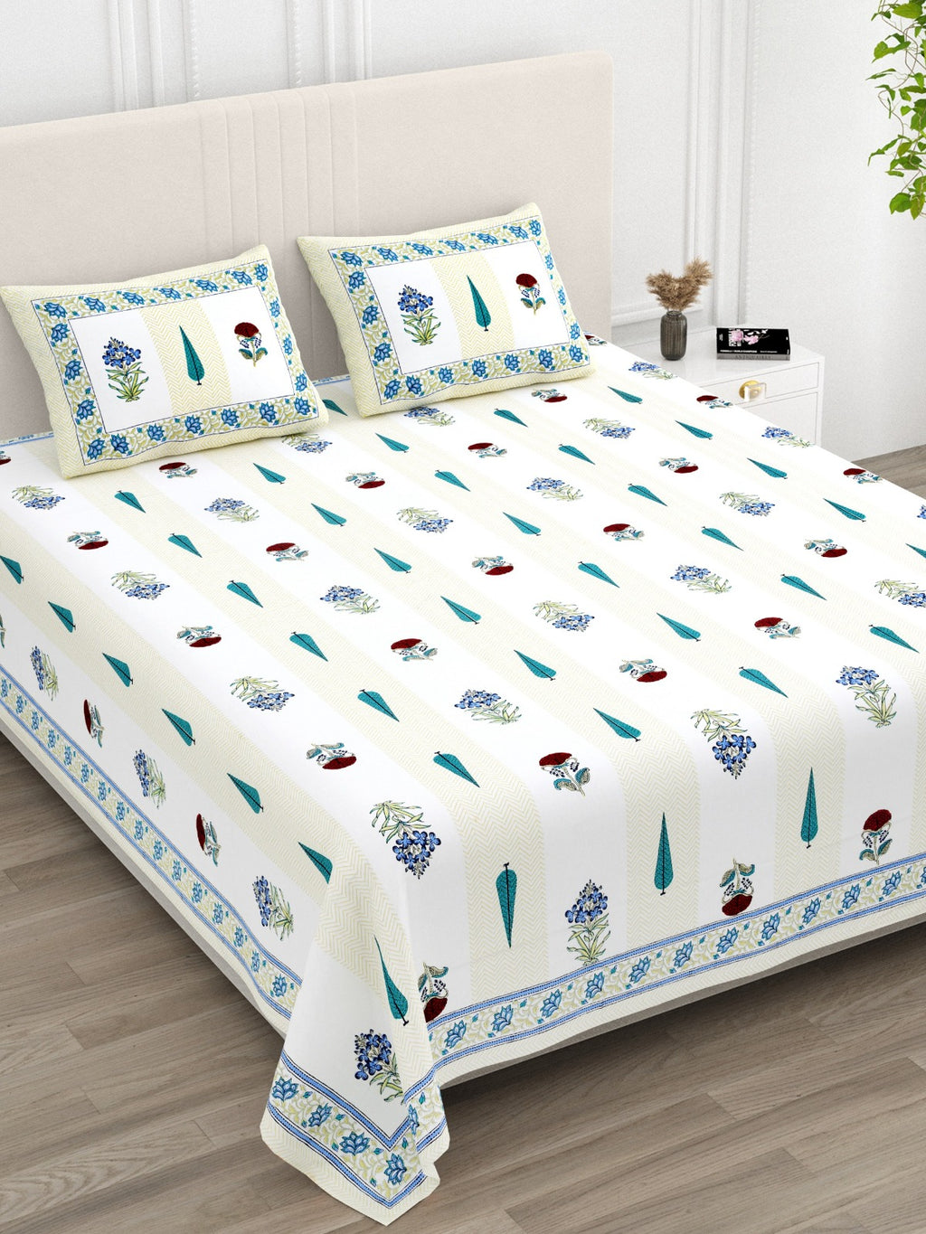 Anarkali Handblock Printed Pure Cotton King Size Bedsheet Set