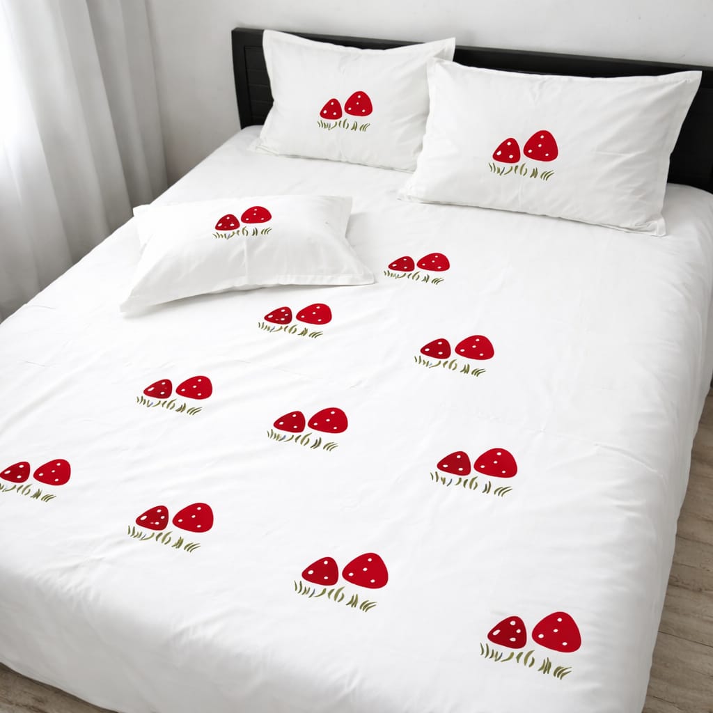 Ivory bloom Designer Pure Cotton Kingsize Patchwork Embroidered Bedsheet