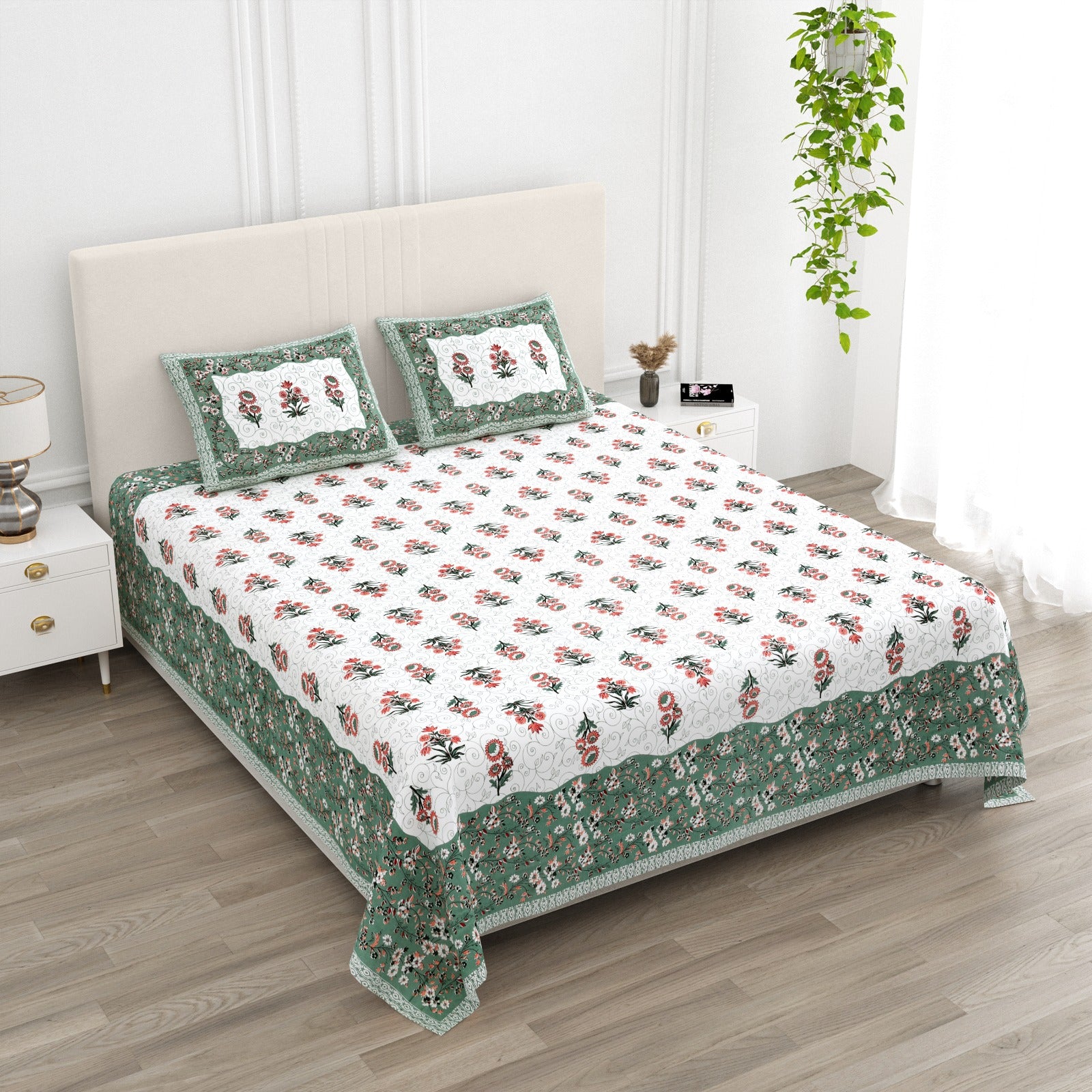 Anarkali Handblock Printed Pure Cotton King Size Bedsheet Set