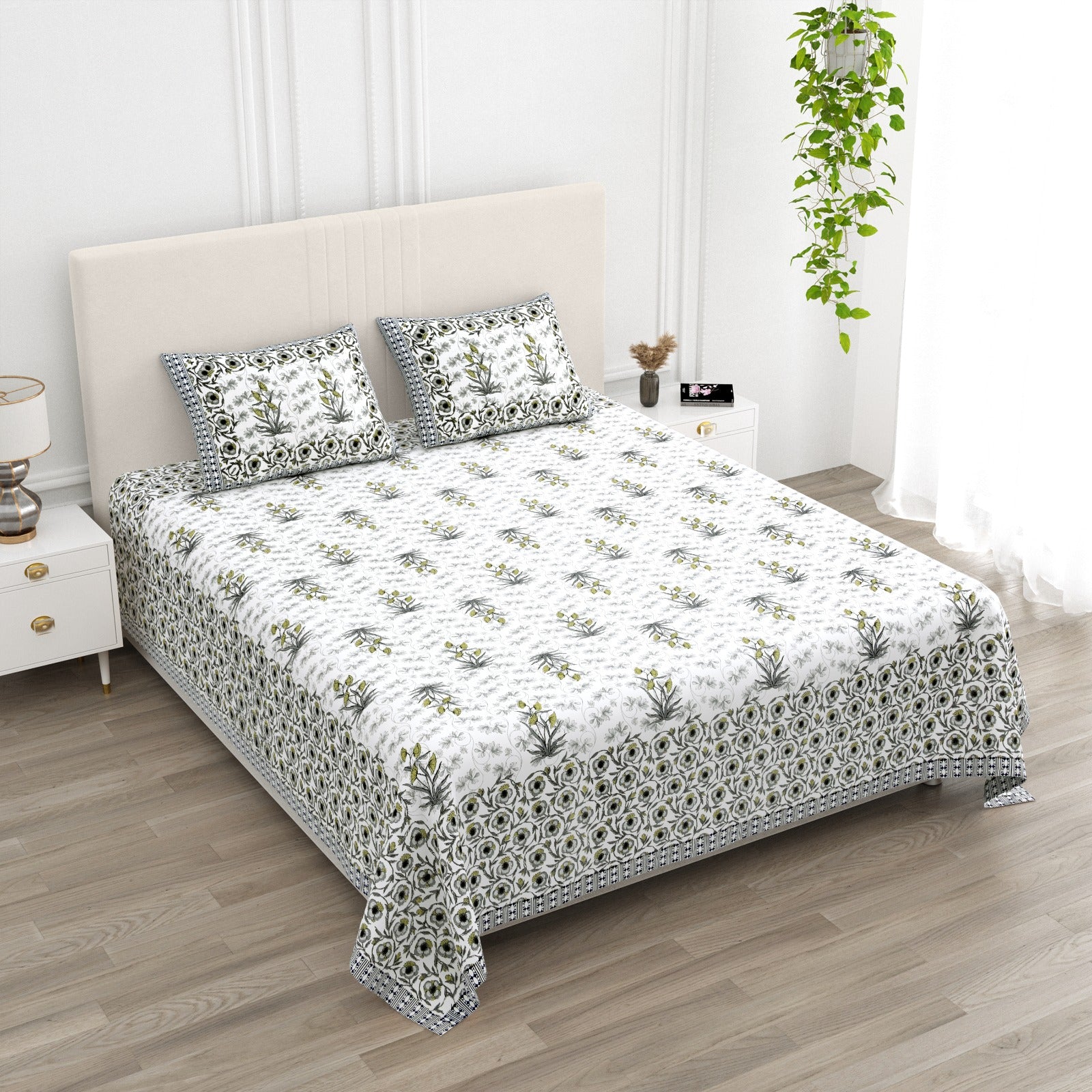 Anarkali Handblock Printed Pure Cotton King Size Bedsheet Set