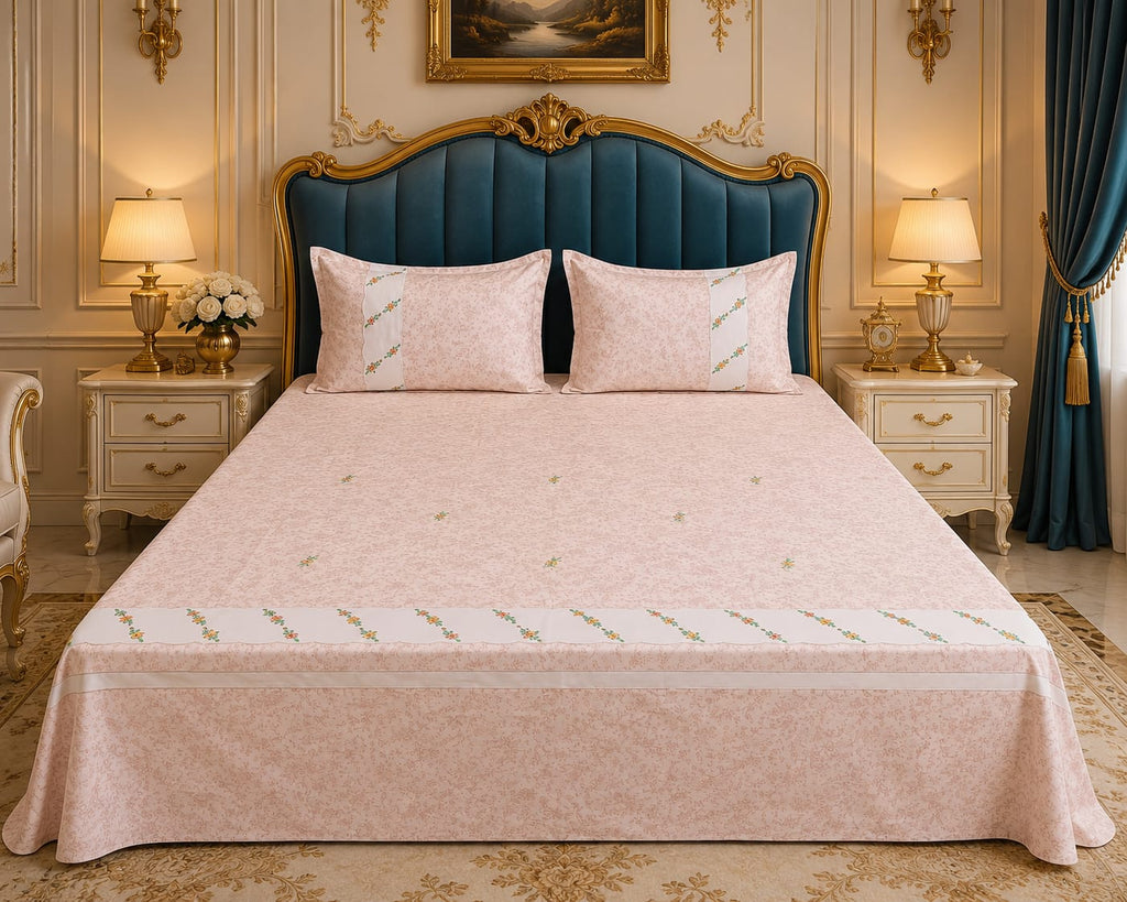 Shahi karigari Pure Cotton Designer Kingsize Embroidered Bedsheet