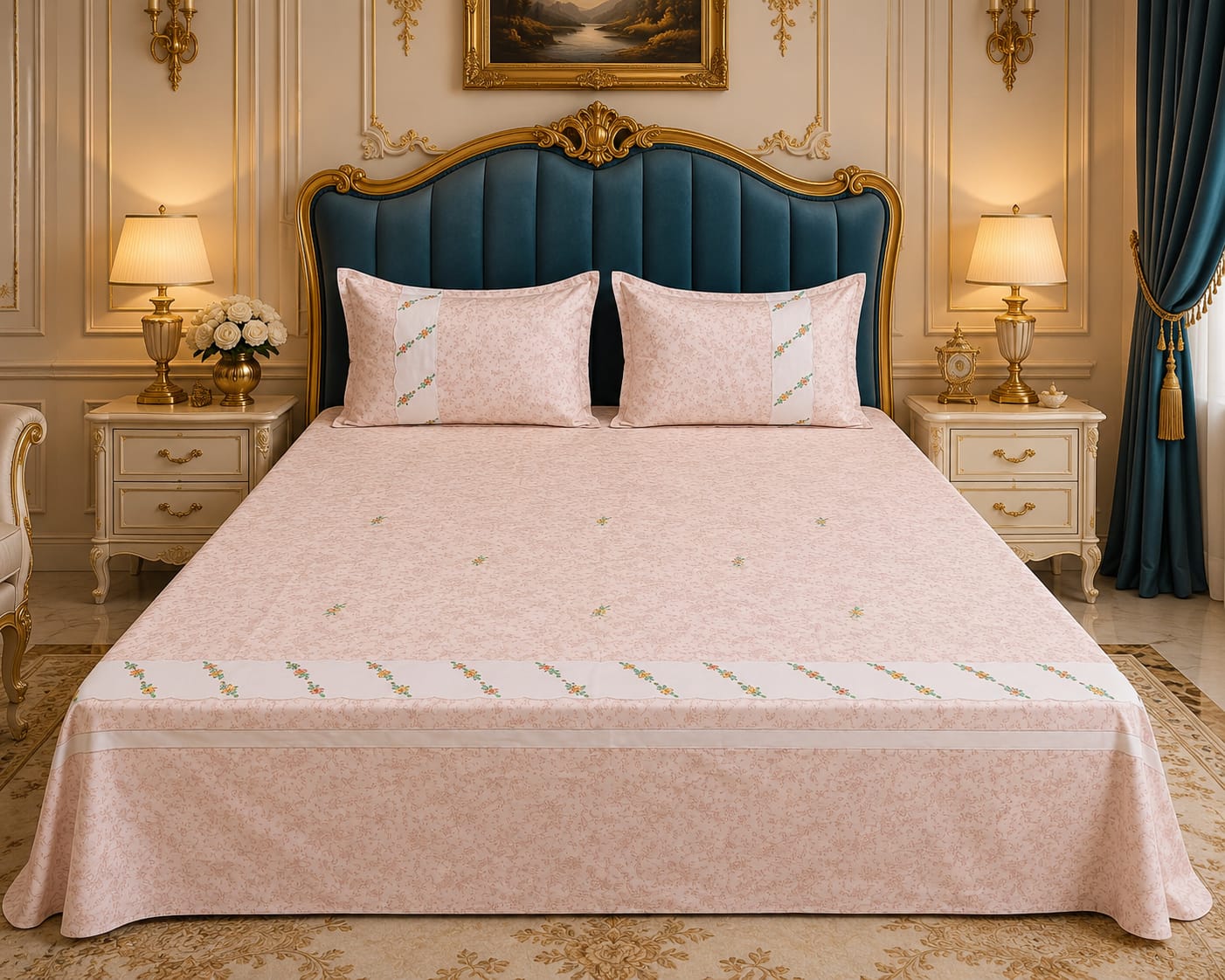 Shahi karigari Pure Cotton Designer Kingsize Embroidered Bedsheet