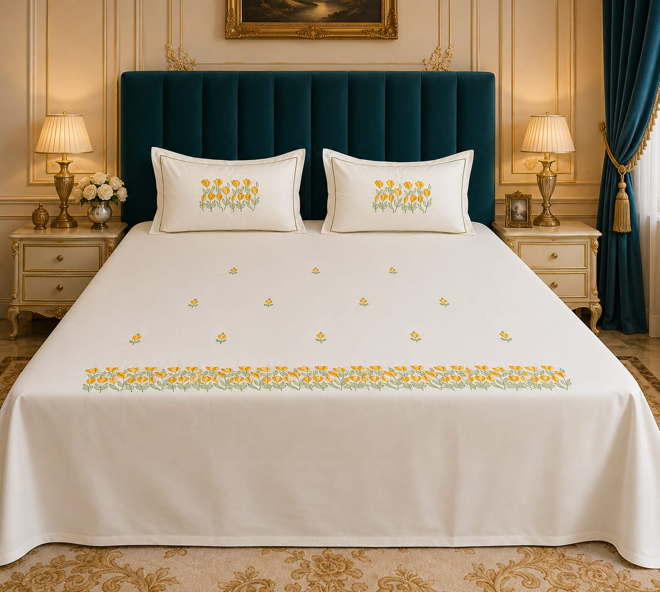 Shahi karigari Pure Cotton Designer Kingsize Embroidered Bedsheet