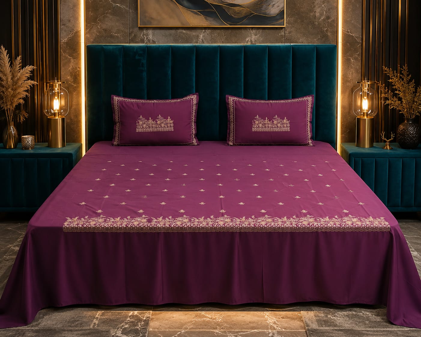 Artistic Thread Work Pure Cotton King Size Embroidered Bedsheet