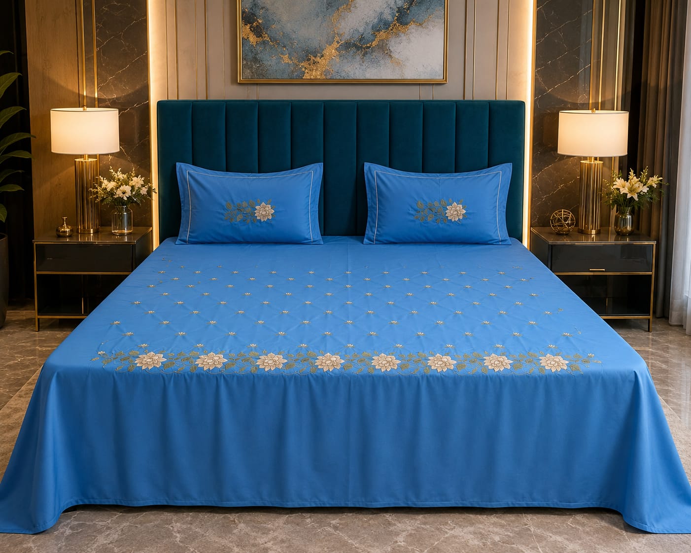 Artistic Thread Work Pure Cotton King Size Embroidered Bedsheet