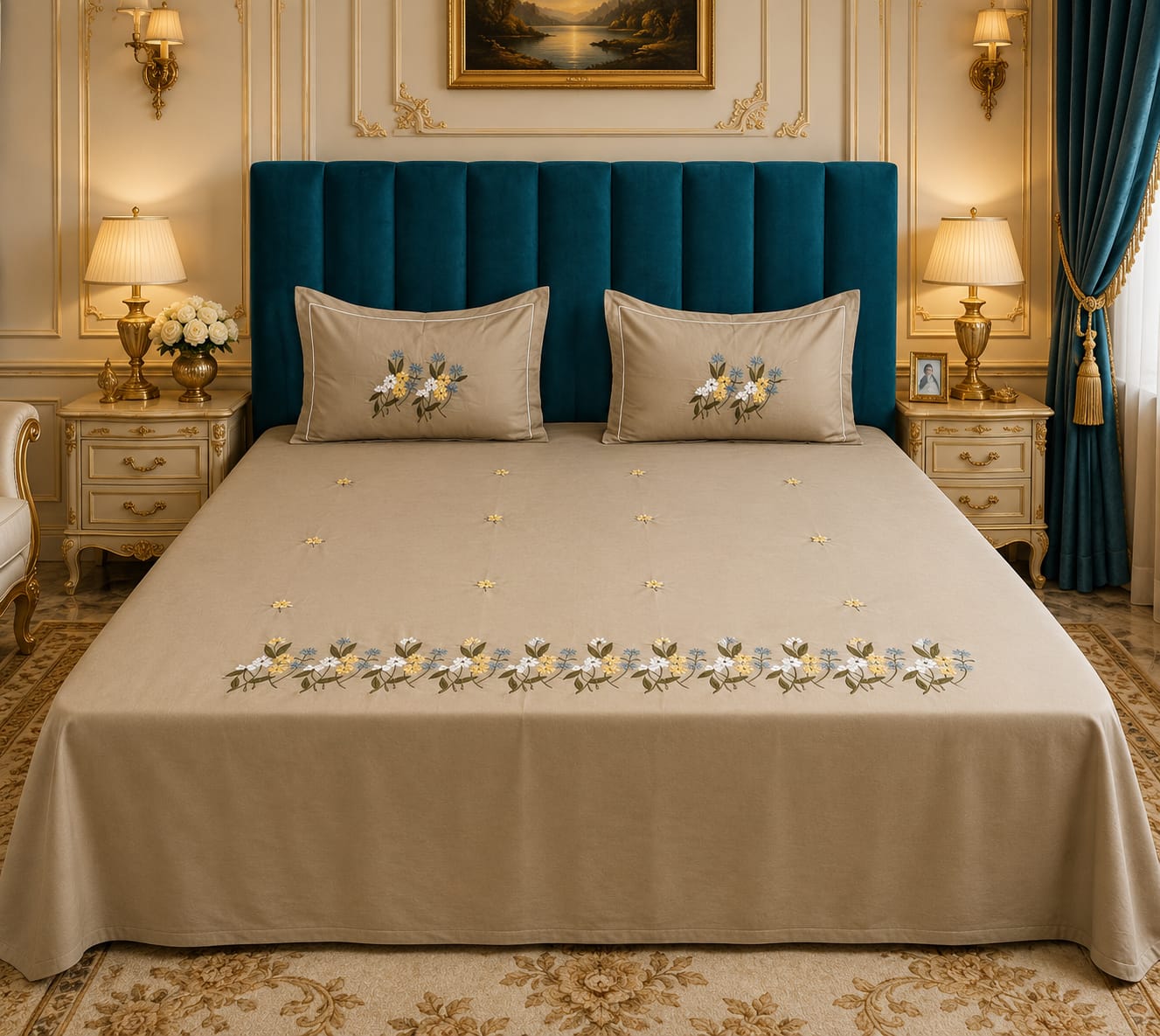 Shahi karigari Pure Cotton Designer Kingsize Embroidered Bedsheet