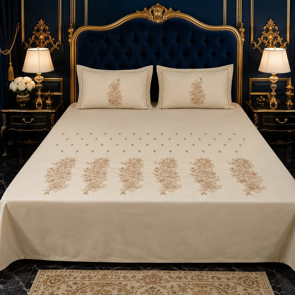 Shahi karigari Pure Cotton Designer Kingsize Embroidered Bedsheet