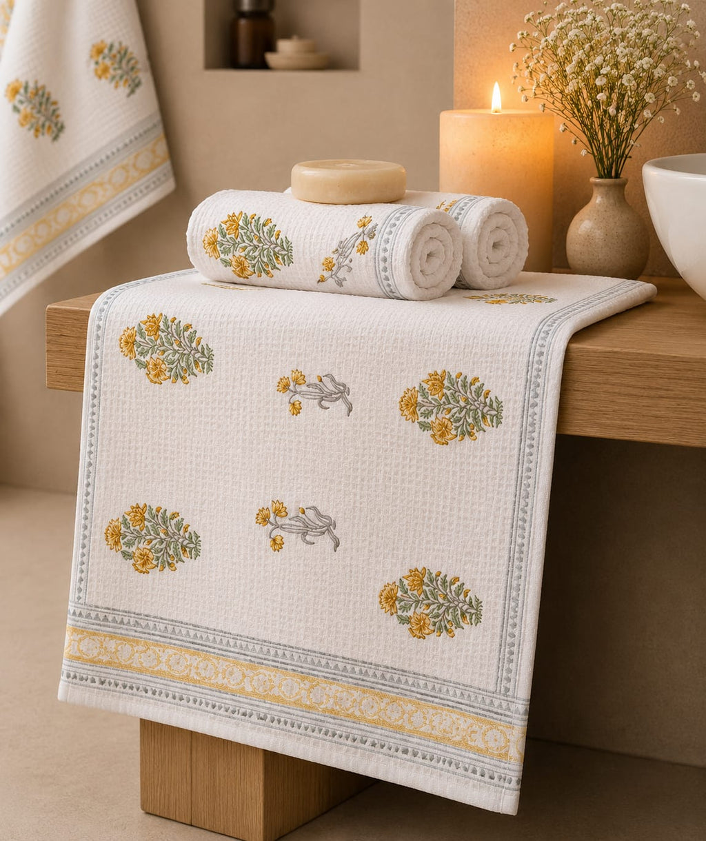 Waffle Handblock Printed Pure Cotton Bath & Hand Towels